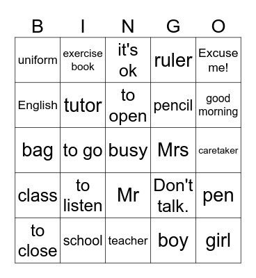 School Things Bingo Card