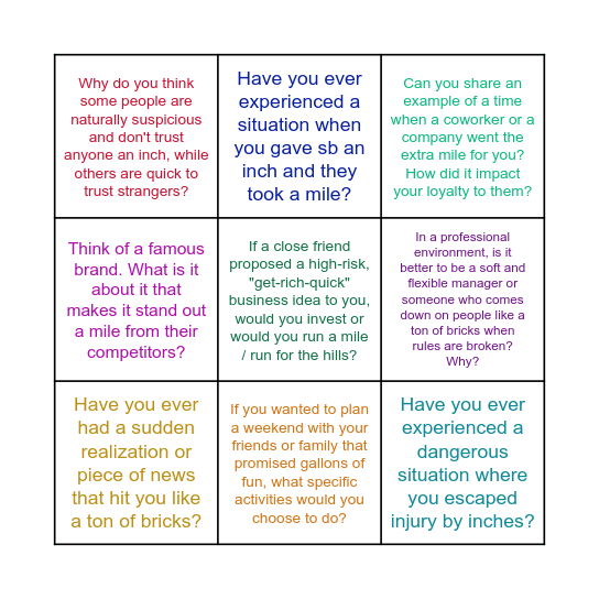Idioms and expressions with measurements Bingo Card