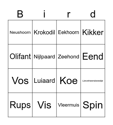 Animals Bingo Card