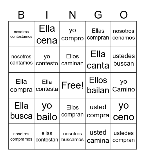 EvansDiazARverbs Bingo Card