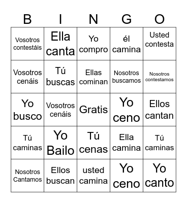 Diaz Bingo Regular -AR verbs Bingo Card