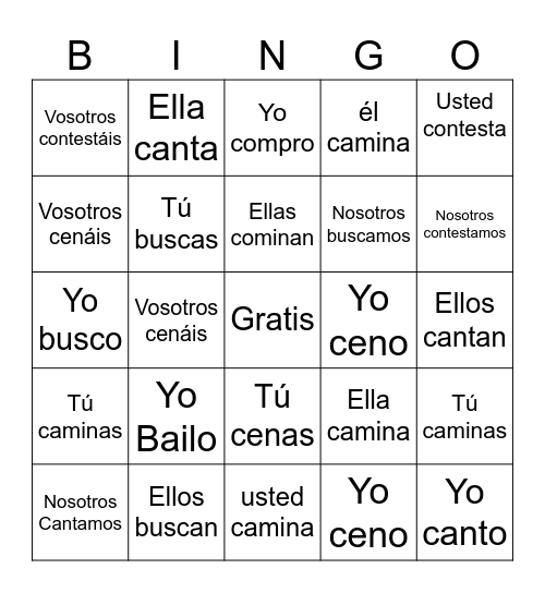 Diaz Bingo Regular -AR verbs Bingo Card