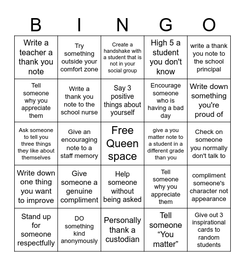 Queen's Court Bingo Card