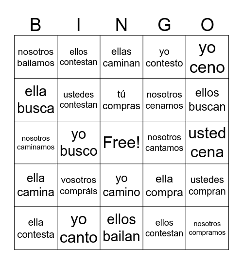 carlson diaz -AR verbs Bingo Card