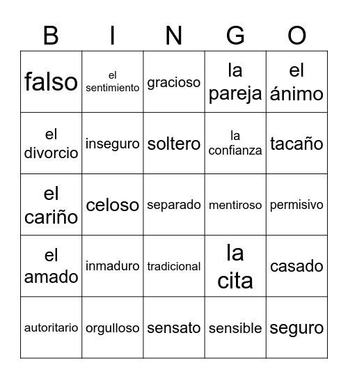 La personalidad y relaciones personales Bingo Card