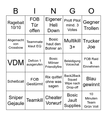 Wardogs Bingo Card