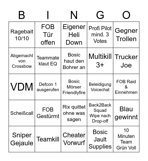 Wardogs Bingo Card