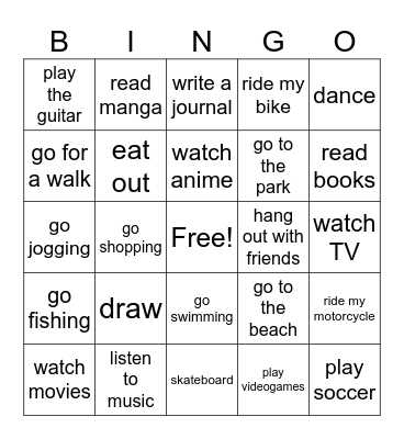 Free time activities Bingo Card