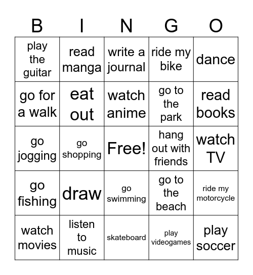 Free time activities Bingo Card
