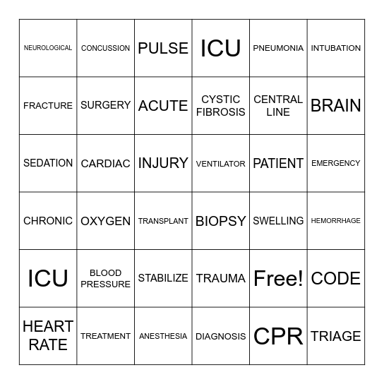 Medical Terms Bingo Card