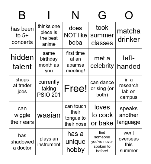 APAMSA BINGO Card