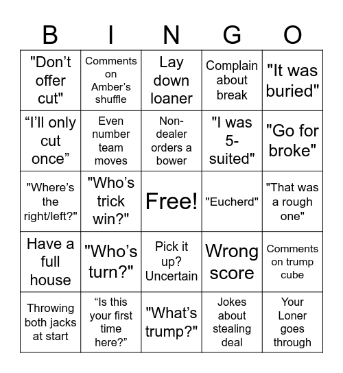 Euchre Bingo Card