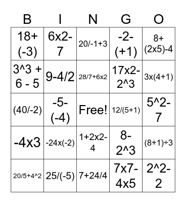 Order of Operations Bingo Card