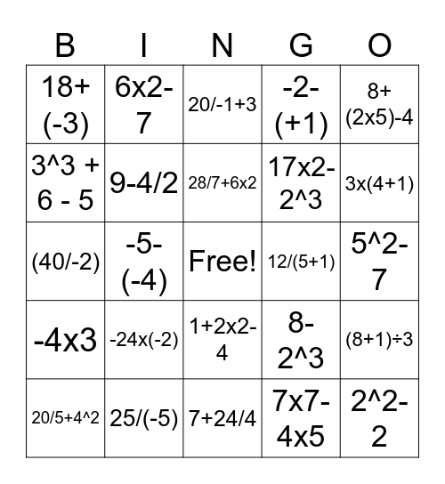 Order of Operations Bingo Card