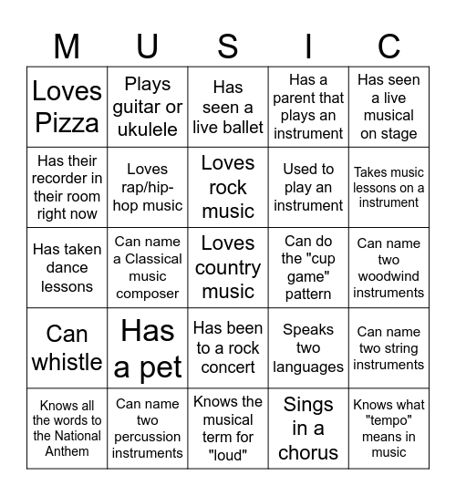 Getting to Know You - Music Edition Bingo Card