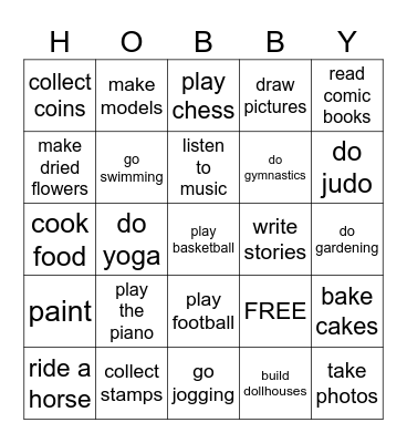 hobbies Bingo Card