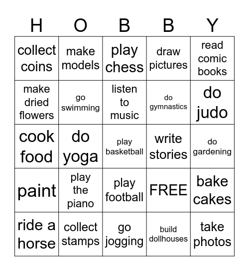 hobbies Bingo Card