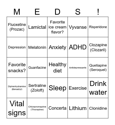Psych Medication Bingo Card