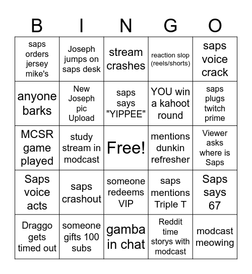 Sapsathon Bingo Card