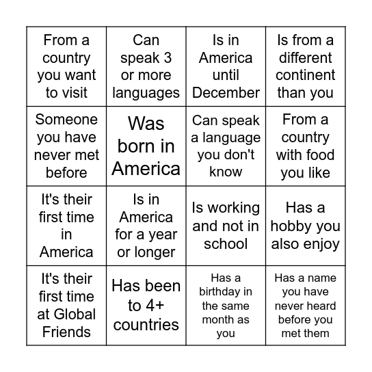 Global Friends BINGO Card