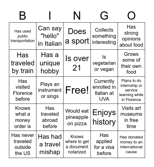 Italy Bingo Card