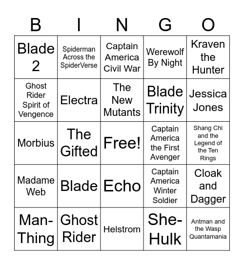 Marvel Bingo Card