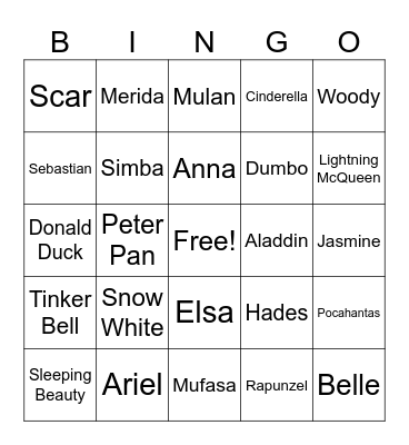 Disney Movie Characters Bingo Card