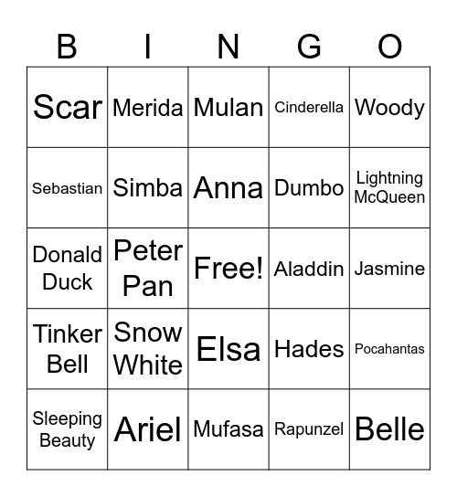 Disney Movie Characters Bingo Card