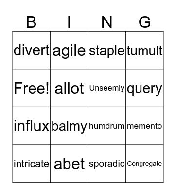 Vocabulary Bingo Card