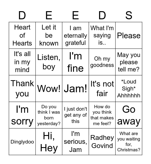 Deeds' Bingo UPDATED Bingo Card