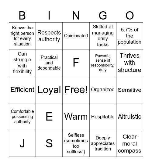 MBTI Bingo (ESFJ) Bingo Card