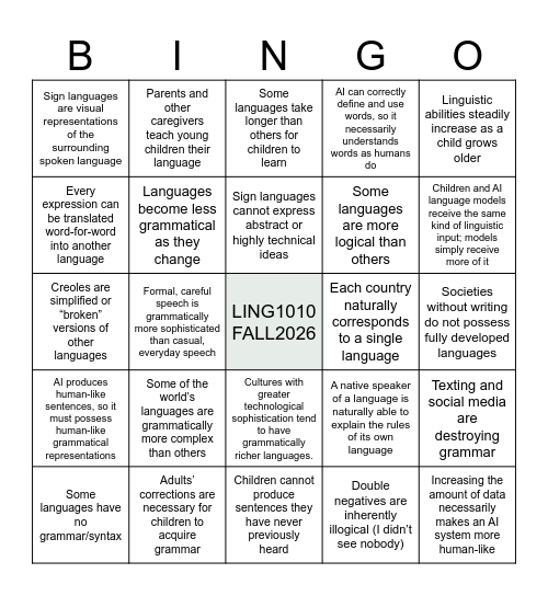 Language Myths: Heard in the Wild Bingo Card
