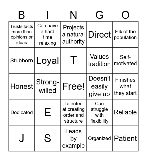 MBTI Bingo (ESTJ) Bingo Card