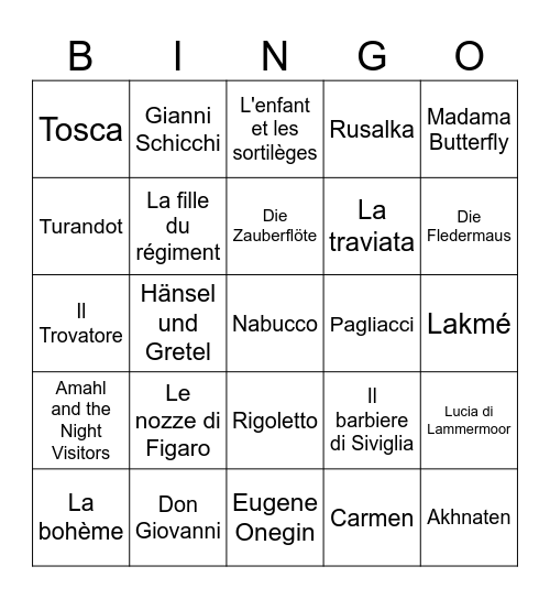 Opera Bingo 2 Bingo Card