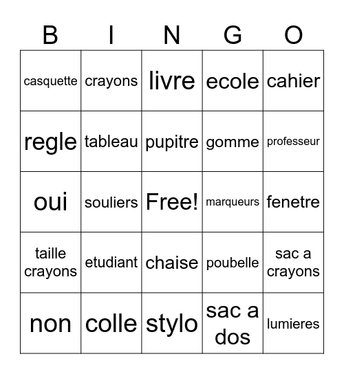French Back to school Bingo Card