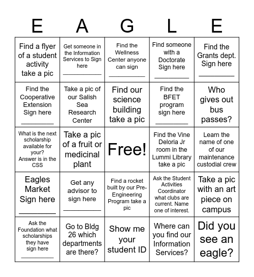 NWIC Scavenger Hunt Bingo Card