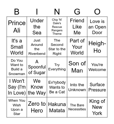 Good Luck Getting These Disney Songs Outa Your Head Bingo Card
