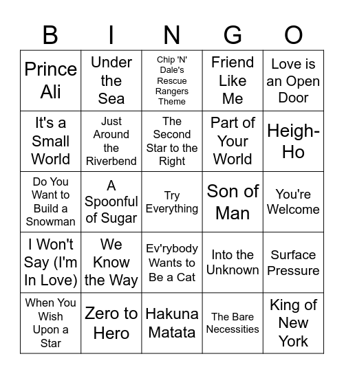Good Luck Getting These Disney Songs Outa Your Head Bingo Card