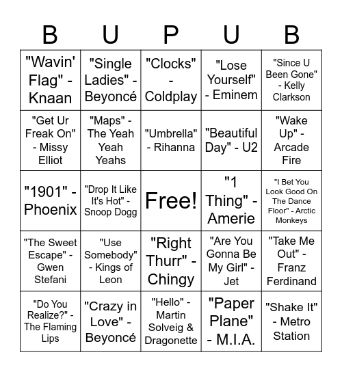 Hits of the 2000s Bingo Card