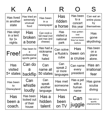 Kairos Ice Breaker Bingo Card