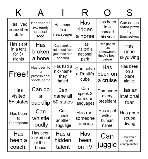 Kairos Ice Breaker Bingo Card