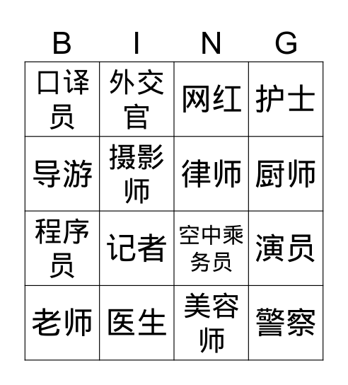 职业 Bingo Card