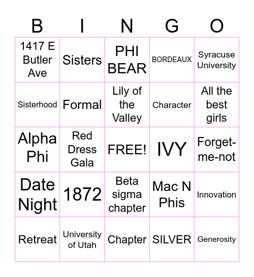 ALPHA PHI Bingo Card