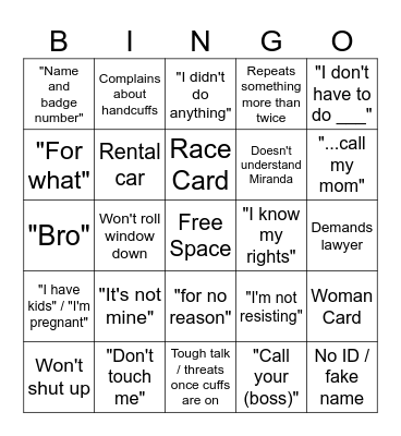 Body Cam Bingo Card