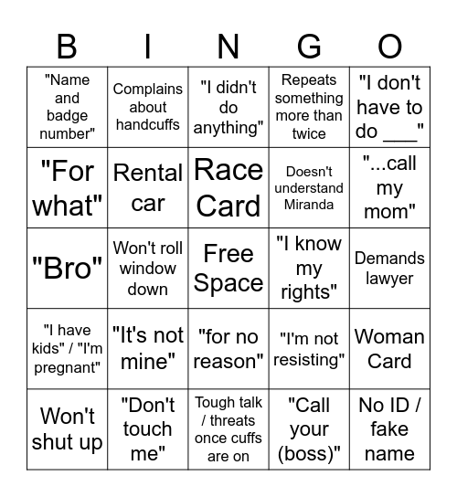 Body Cam Bingo Card