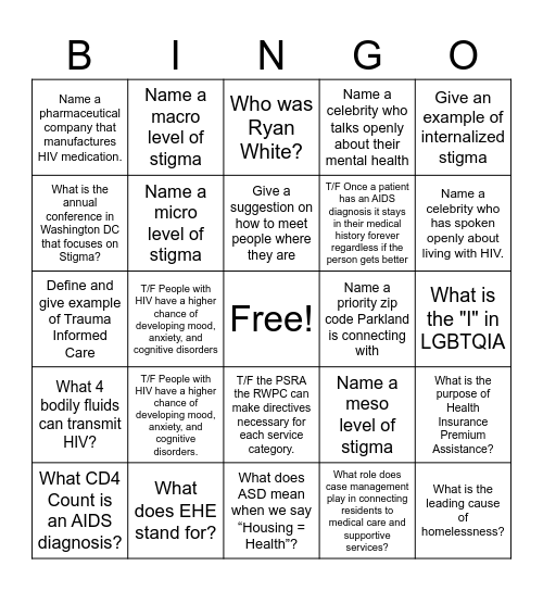 DCHHS Stigma Bingo Card