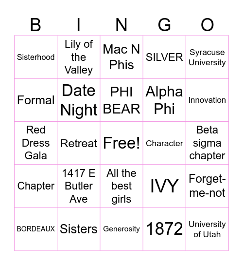 Alpha Phi Bingo Card