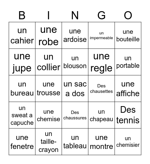 Les Vetements et les Objets Bingo Card