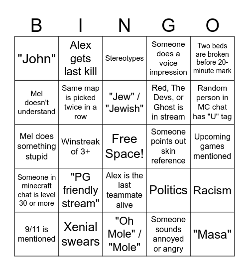 MelodicCashew 9/11 Stream Bingo Card