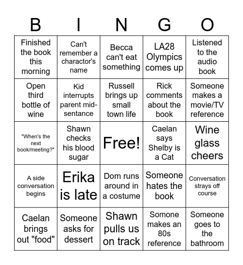 Book Club Bingo Card